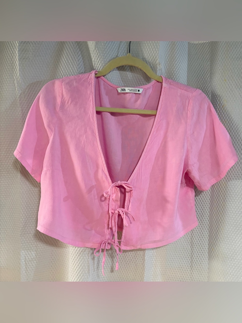 Zara Light Pink Tie-Front Short Sleeve Crop Top